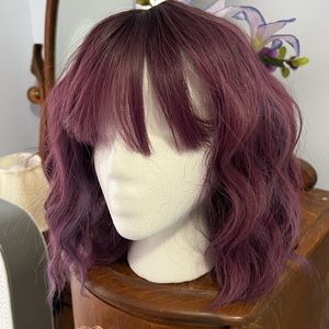Soft Purple in Black Hair with Subtle Blue Streaks w Bangs Wig